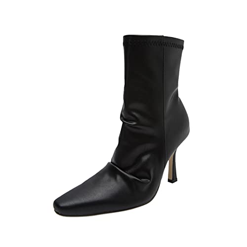 TEELONG - Botines de cuero para mujer, botas cortas de tobillo con puntera de temperamento para mujer, botas de una sola punta, Black, 38 EU