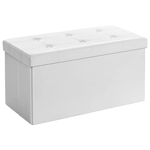 SONGMICS Puff Almancenaje, Banco Almacenaje, Capacidad de 80 L, Capacidad de Carga 300 kg, Tapizado PVC, Acolchado, para Sala de Estar, Dormitorio, Entrada, Blanco LSF106