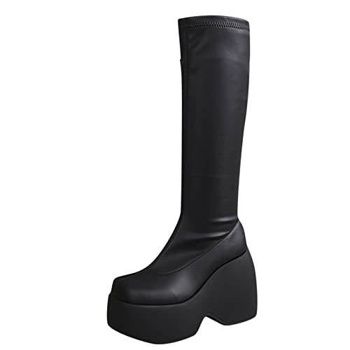 Dasongff Botas de mujer de alta piel sintética – Botas planas altas botas altas para mujer tacón de cuña bota mediados de pantorrilla botas baratas botas tacón barato, Negro , 37 EU