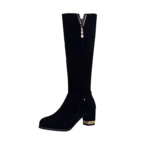 RTPR Botas de goma para mujer, botas de motorista, botas de moda, monocolor, largas, perlas, tacón grueso, tacón alto, hasta la rodilla, zapatos de mujer baratos, Negro , 39 EU