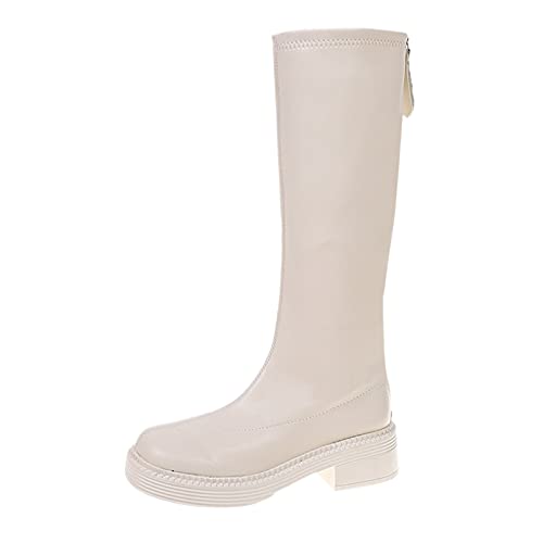 TEELONG - Botas de equitación para mujer con puntera gruesa en el talón con cremallera redonda de color sólido elástico para mujer, White, 38 EU