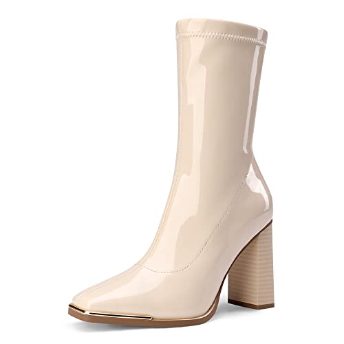 DREAM PAIRS Botas medias de las mujeres botas de encaje cuadrado botas de punta punteada PU superior, beige blanco, 39 EU