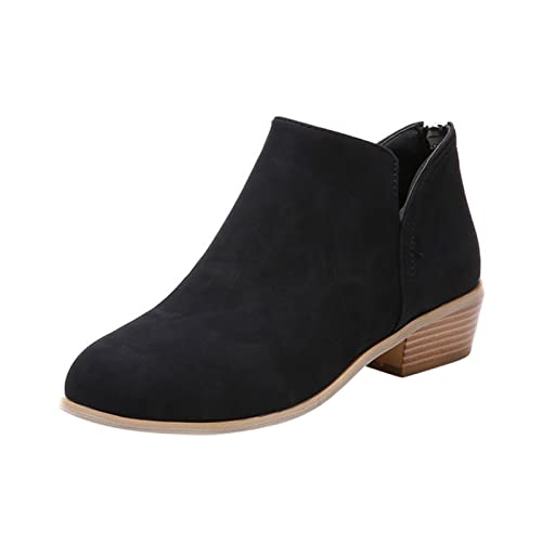 Botines de cuña de color corto para mujer, con cremallera en los dedos, zapatos redondos sólidos, botas para mujer, botas planas, C Negro, 38 EU