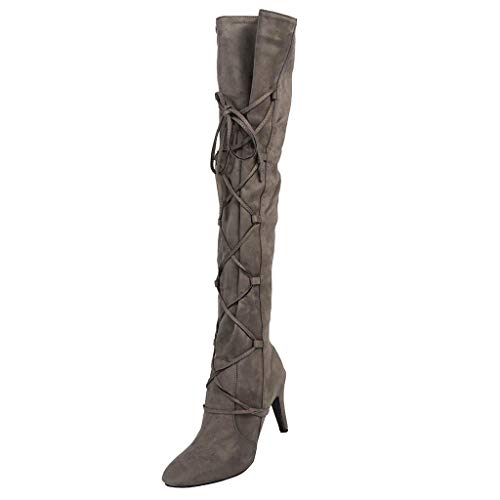 Yowablo - Botas de invierno para mujer, puntiagudas plisadas, cálidas, talones finos, cruz, encaje, rodilla gris oscuro 40