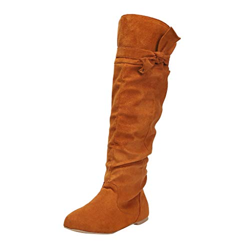 Botas deslizantes para mujer Botas altas con tacón clásico y elegante con tacón de bloque Botas de caña larga para mujer, moda pointed Toe Rom, zapatos largos de vaquero, botas de motorista, marrón,