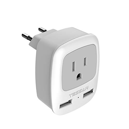 Adaptador Enchufe Americano a Europeo, TESSAN Adaptador Enchufe México, Adaptador Enchufe USA con 2 USB, Enchufe EEUU Adaptador, Adaptador de Viaje Tipo C y F para Alemania/España/Italia/Francia