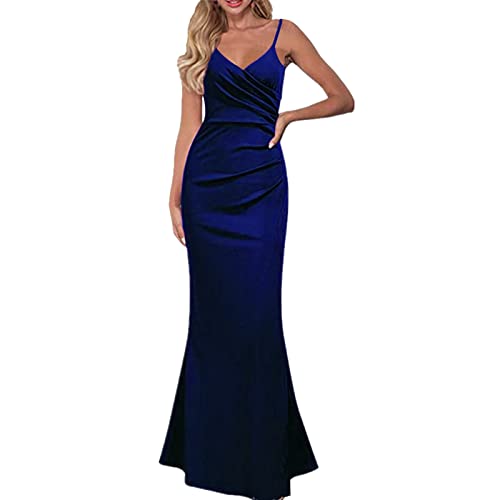 NHNKB Vestido de verano para mujer, elegante para boda, vestido de mujer, elegante, corto, sexy, liso, elegante, para mujer, con gran impulso y vestido largo, con lentejuelas, azul, XS