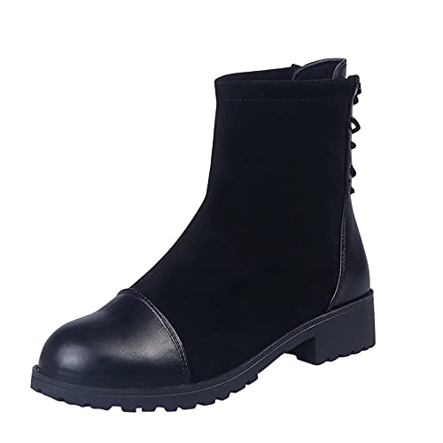 Botas Moto Hombre Botas de tacón con Punta de Correa para Mujer, Botas Planas de Moda cálidas e Informales Redondas al Tobillo para Mujer Botines Mujer Negros Cuña (Black, 39)