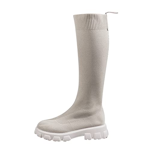 Dasongff Botas de mujer de alta piel sintética – Botas guardabosques para mujer, botas largas, sexy de gran tamaño, botas de moto, Chelsea Boots para mujer, beige, botines planos, beige, 38 EU