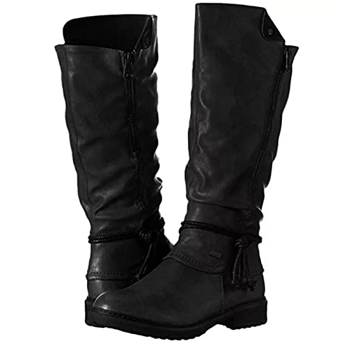 MArtzi Botas Retro hasta la Rodilla para Mujer Botas de Montar de Cuero PU con Cordones Steampunk Botas de Moto Ecuestre góticas de tacón bajo con Cremallera para Mujer, Estilo Medieval lapón