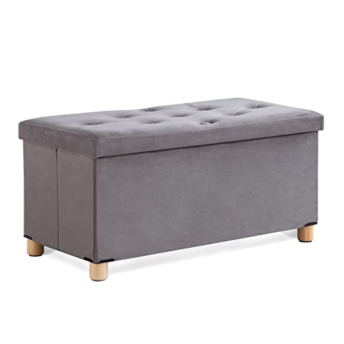 BRIAN & DANY Baúl Puff Taburete Plegable de Almacenamiento otomano, Material de Terciopelo reposapiés Plegable con Patas de Madera Maciza, 76 x 38 x 38 cm, Gris