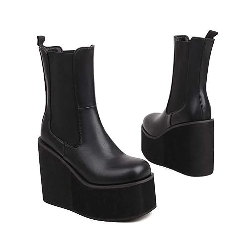 Botines Mujer Cuña Plataforma Cremallera Punk Botas De Moto Bloque Grueso Tacón Alto Punta Redonda Botas De Trabajo Moda Talla Media