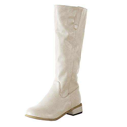 Yowablo - Botas para mujer de piel con tacón bajo, punta redonda beige 42