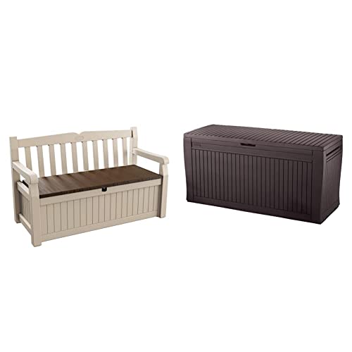 Keter Eden Garden Bench - Banco arcón Exterior, Capacidad 265 litros, Color marrón y Beige & Comfy - Arcón Exterior, Capacidad 270 litros, Color marrón