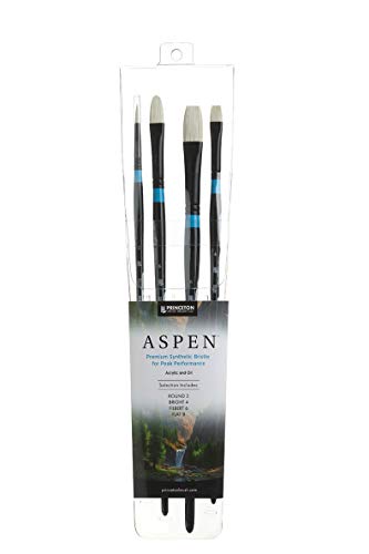 PRINCETON ARTIST BRUSH CO. PRINCETON Aspen, Pinceles para acrílico de bellas artes, Cerda sintética, Set de 4 pinceles, mango largo, Funda de plástico, 4 unidades