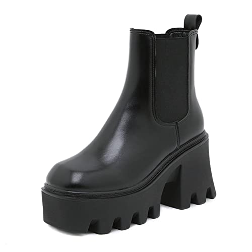 JIFAENY Slip-On - Botas de moto para mujer, con tacón cuadrado, suela de plataforma gruesa, botas Chelsea para mujer, Negro , 37.5 EU