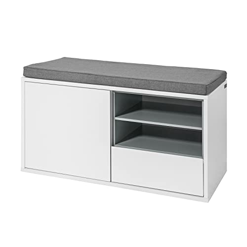 SoBuy FSR37-W Banco Zapatero de Entrada con 1 Cajón y 1 Puerta, Almacenamiento y Banco con Cojín, Blanco/Gris, 80 x 35 x 46 cm, ES