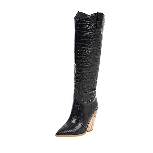 MOTOCO Botas de Invierno cálidas de Media caña con cuña y Puntera Puntiaguda, cómodas, Bordadas, Botas de Cuero para Mujer, Color Negro, Talla 38 EU