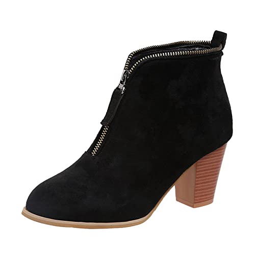 Dasongff Botas cortas romanas para mujer con tacones cuadrados, botas de moto, botas de tacón negro, botas indias con flecos, botas negras planas botas de vaquero botas baratas, Noir, 40 EU