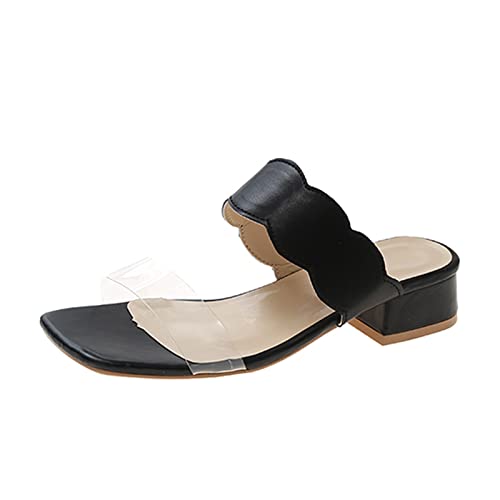 Moda verano mujeres sandalias tacón grueso tacón medio correa transparente punta abierta casual Color sólido botas grandes para las mujeres, Le Noir, 39 EU