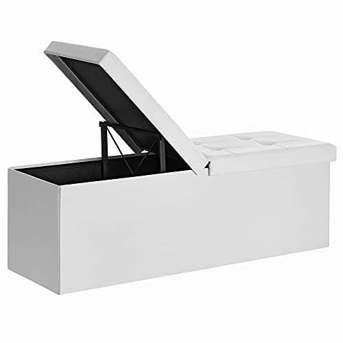 SONGMICS Puff Almancenaje, Banco Almacenaje, Banco con Tapa Plegable, Capacidad de 120 Litros, con Asiento Acolchado y Soporte de Metal, 110 x 38 x 38 cm, Blanco LSF75WT