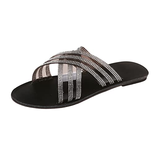 Toe Strap Fashion Flat Open Cross Señoras Casual Rhinestone Sandalias para mujer Botas grandes para mujer Plataforma alta Rodilla, Negro , 37 EU