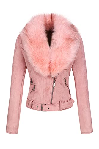 BELLIVERA Chaqueta de piel sintética para mujer, abrigo de motociclista con forro de sherpa y cuello de piel desmontable 8830 Rosa XXL