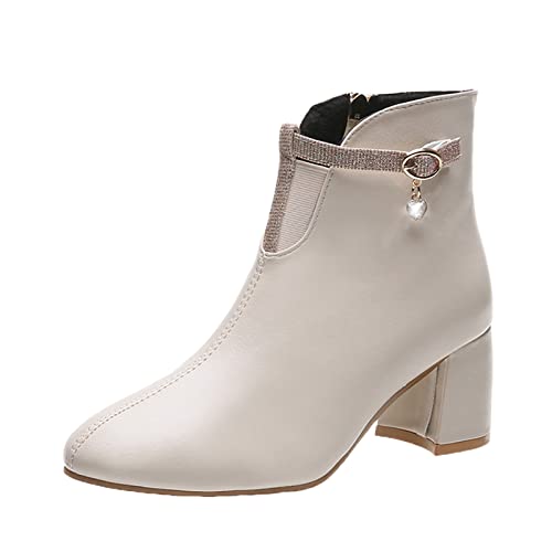 TEELONG - Botas de tacón para mujer, estilo retro, transpirables, a la moda, térmicas, con cremallera, botas altas y gruesas para mujer, White, 38 EU