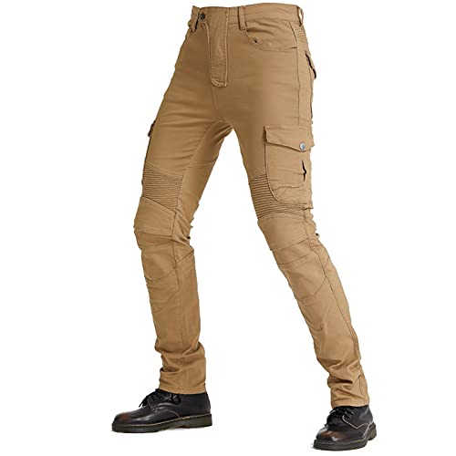 GYHH Pantalones Vaqueros De Motocicleta Para Hombre Pantalones Protectores De Moto Aprobado Por La CE HIP & KNEE Denim Azul Blindado Extraíble (Khaki,L=32)