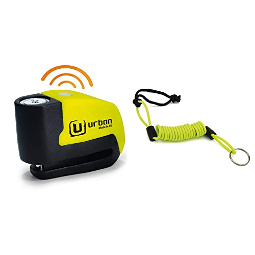 Urban Security UR6 Candado Antirrobo Disco con Alarma + Warning 120dBA, 6 mm, Made In EU + Urban Security 1.2M4 Cable Recordatorio Enrollado Universal Moto Scooter Bicicleta, 1,2m x 4mm, Amarillo