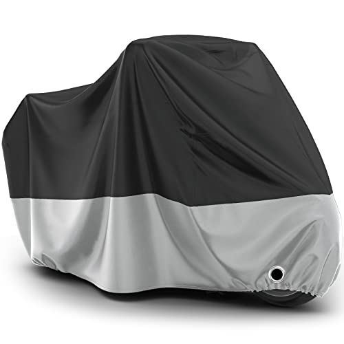 Favoto Funda para Moto Cubierta de Moto 190T Poliéster Impermeable Protectora a Prueba de Sol Lluvia Polvo Viento Nieve Excremento de Pájaro al Aire Libre, 245x105x125cm Negro+Plata