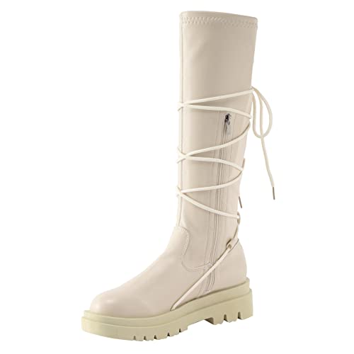 Mujeres medias pantorrilla botas otoño e invierno moda y cómoda punta redonda color sólido fondo grueso cálido con cordones reloj Botta, blanco, 40 EU