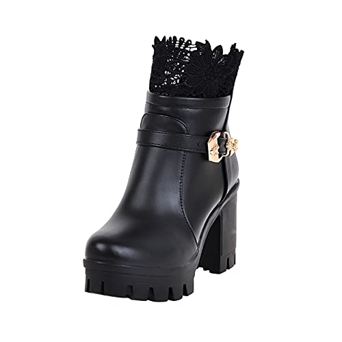 Botas de mujer de punta corta con tacón grueso y cremallera, Negro , 41 EU