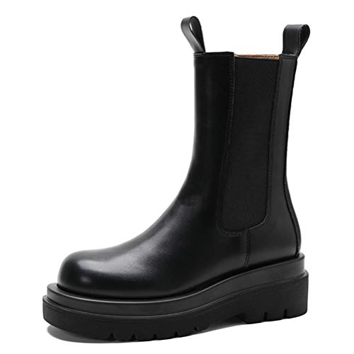 Botas de cuero para mujer elegante Chelsea botas plataforma otoño invierno becerro longitud botas redondos toe tobillo botines cortos