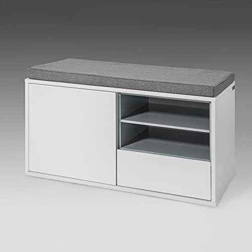 SoBuy FSR37-W Banco Zapatero de Entrada con 1 Cajón 1 Puerta y 2 estantes Almacenamiento y Banco con Cojín Banco Almacenamiento Blanco/Gris 80 x 35 x 46 cm ES