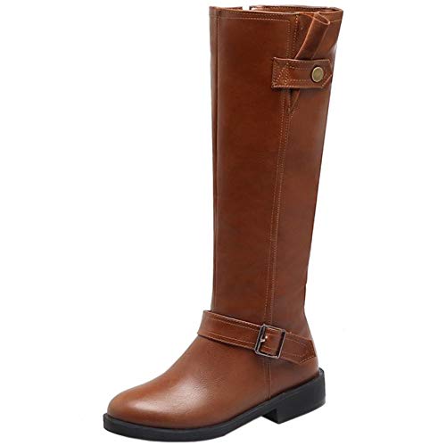 Lydee Mujer Casual botas rodillas Zapatos Otoño Plano Botas Altas Cremallera Botas Ecuestres Tacones Bajos Brown Tamaño 38