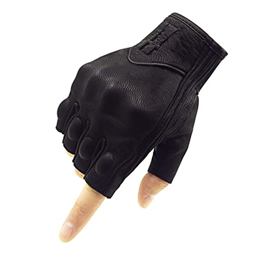 Harssidanzar Guantes de motocicleta de cuero de piel de cabra sin dedos para hombre con pantalla táctil GM037EU,Negro,talla L