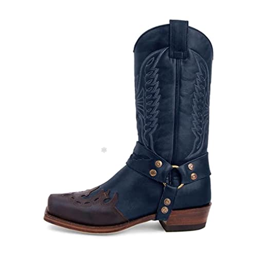 Botas de Vaquero para Hombre, Botas Cowboy y Biker, Botas Occidentales de Piel, Botas a Media Pierna Sin Cordones Antideslizantes