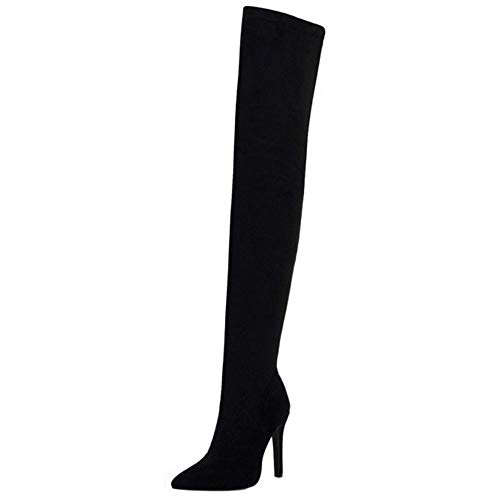 COOLCEPT Mujer Elegante Tacón de Aguja Botas de Muslo Puntiagudo Botas Cremallera Botas altas de Muslo Black Talla 39 Asian