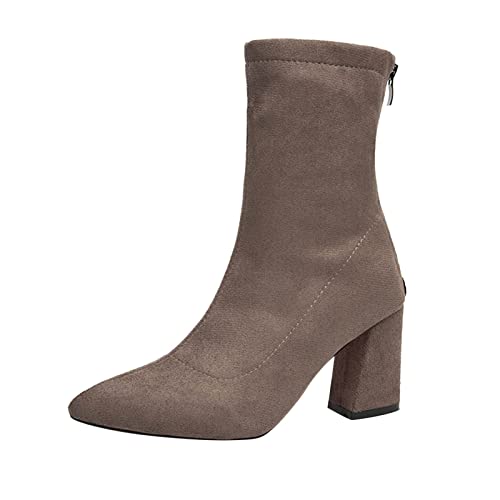 Dasongff Botas cortas romanas para mujer con tacones cuadrados, botas indias con flecos para mujer, botas de moto, cruz, tacón grueso, botas de tacón alto, plataforma punk, botas baratas, caqui, 38 EU