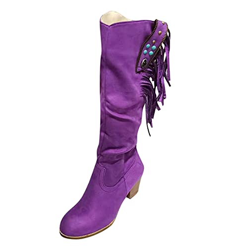 Yowablo Botas Mujer Slouchy Botas Altas, Punta Puntiaguda Cremallera Lateral Medio Tacón Grueso Botas, morado, 37 EU