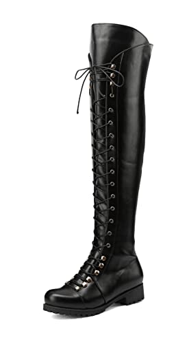 CRETUAO Botas Altas hasta la Rodilla para Mujer Botas Motociclista Cuero Encaje Cruzado Plano Botas clásicas tacón Bloque Punta Redonda Botas Fiesta Cremallera Botas Montar Laterales,Negro,40 EU