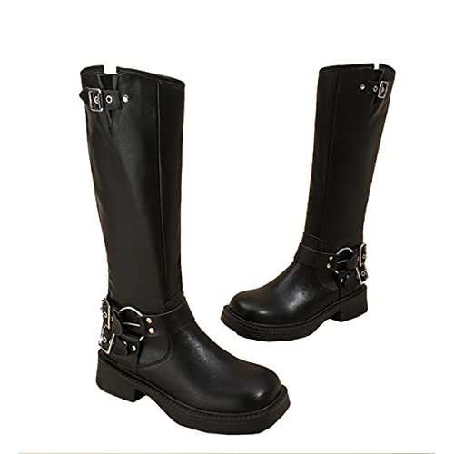 ERALP Steampunk Vaquero Occidental Botas De Las Mujeres, La Vendimia De Cuero Botas De Caballero con Hebilla De Cinturón De Metal De Tacón Alto De Punta Cuadrada De Moda Botas De Moto,Negro,40