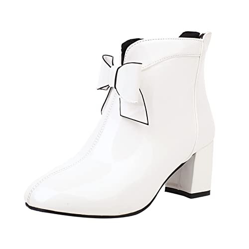 Yowablo Moda zapatos de mujer estilo británico de cuero nudo tacón grueso tacón medio sólido espalda cremallera botas cortas tacón de aguja sexy negro, blanco, 38 EU