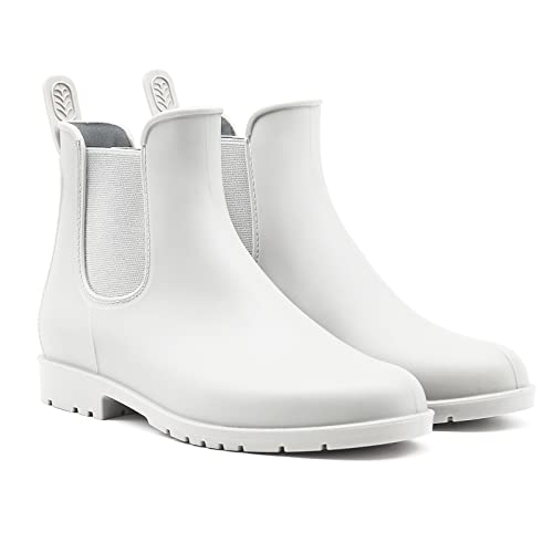 Geweo Botas De Agua Chelsea De Media Altura Para Mujer Botas De Lluvia Impermeables Para Mujer Botas Transpirables De Goma Caña Corta Suela Plana Y Gruesa Botas De Trabajo Blanco Talla 40