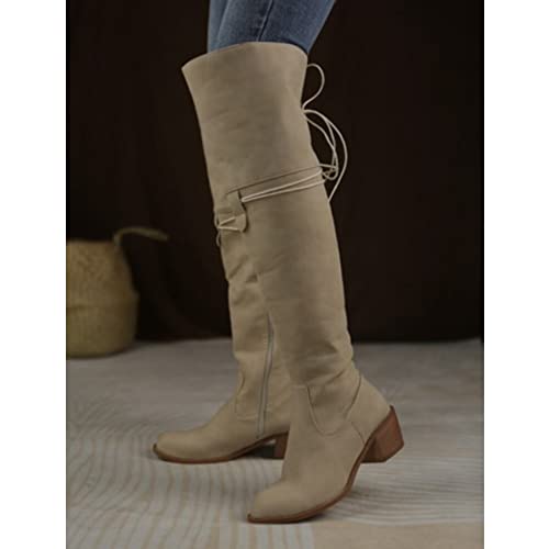 Botas Vaqueras Occidentales para Mujer, Correas Cruzadas, Botas de Caballero con Punta Redonda y tacón Alto, Cremallera Lateral, Moda para Mujer, Botas largas hasta la Rodilla para Montar (Beige