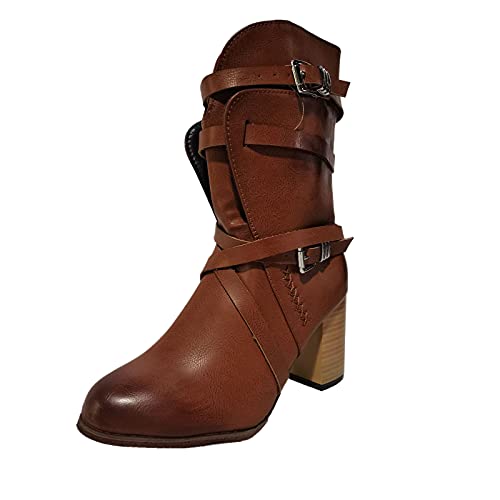 TEELONG - Botas de trabajo para mujer, estilo vintage, con puntera cuadrada, con cremallera, tacón de moda, para mujer, Brown, 38 EU