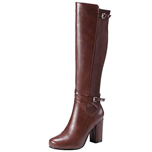 Lydee Mujer Classic Equestrian botas Cremallera Tacon Ancho botas Rodilla Alta Zapatos Invierno Comfort Botas Largas Brown Tamaño 39