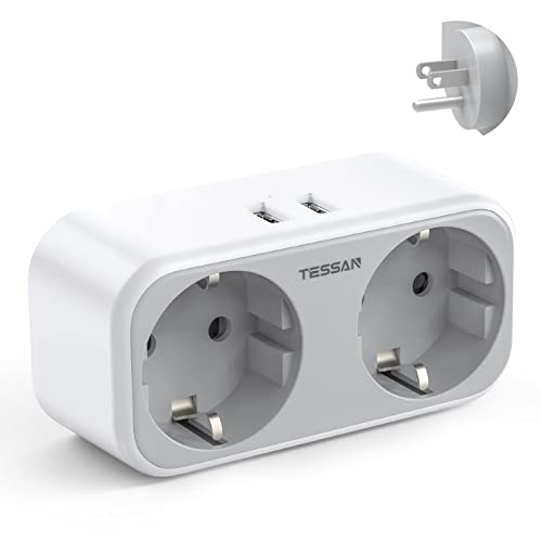 TESSAN Adaptador Enchufe Europeo a Americano, Adaptador EEUU con 2 Enchufe Schuko y 2 USB, Adaptador Enchufe Americano para EEUU Canada México, Adaptador Enchufe Español a Americano Tipo B