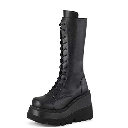 UMore Rodilla Alta Botas Mujer Tacón Bajo Zapato Señoras Nieve Botas Mujer Plataforma Botas de Cuero Piel Forrado Invierno Cálidas Antideslizante Hermoso Cremallera Casuales